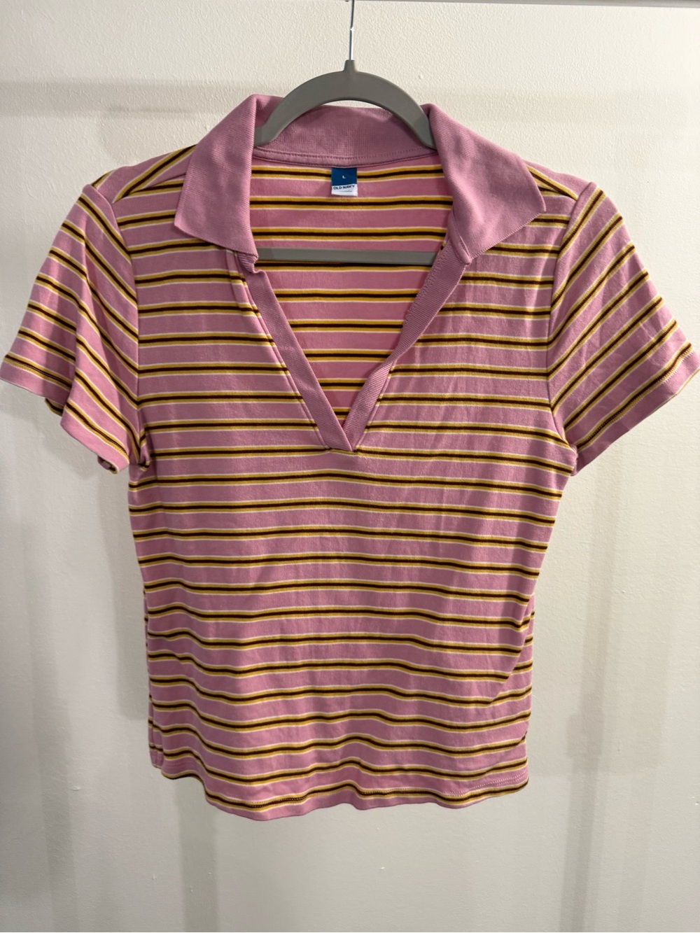 Old Navy Pink Striped Short Sleeve Polo Tee with Yellow & Black Stripes
